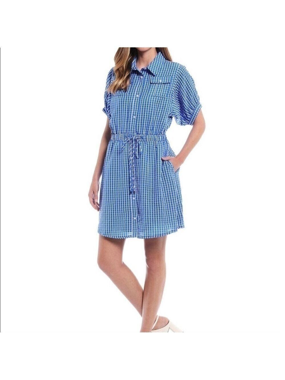 LDT Chris Button Down Collar Short Sleeve Seersucker Blouson Shirt Dress